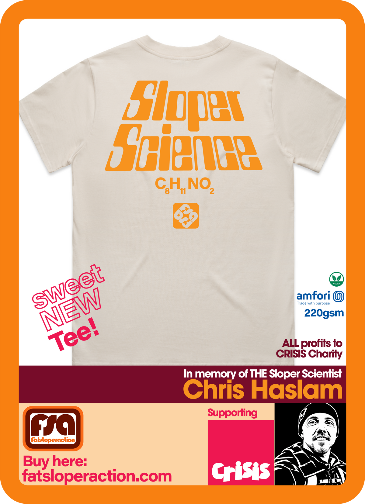 FSA Bouldering climbing Tee graphic Back print - Sloper Science | CRISIS charity Bone - Fat Sloper Action 